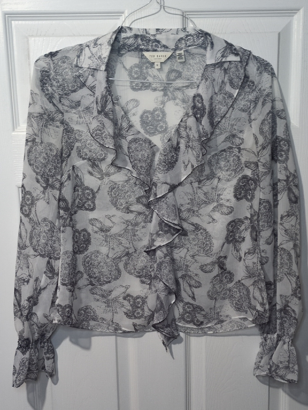 Chic White Sheer Floral Ruffle Blouse Romantic Vintage Office Evening Boho